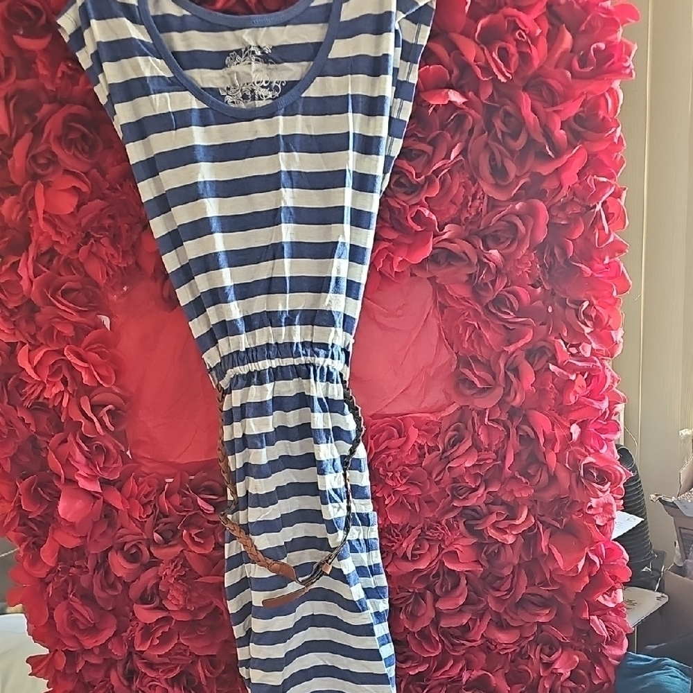 Poof Girls Striped Blue and White Kids Dress With Brown Belt Size Small